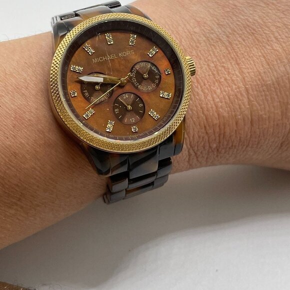 Michael Kors Ritz Simulated Tortoise Goldtone Case Sub Dials Women Watch MK5038 - Picture 4 of 10